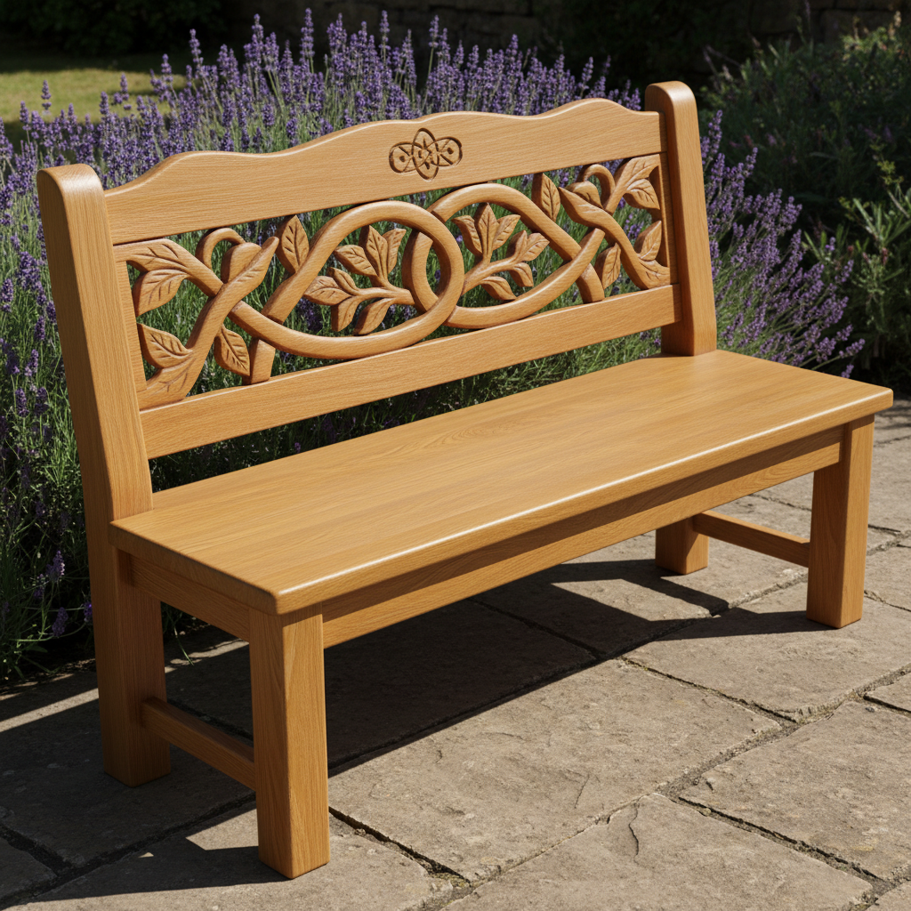 Solid wood bench with natural finish in entryway, warm afternoon light through window