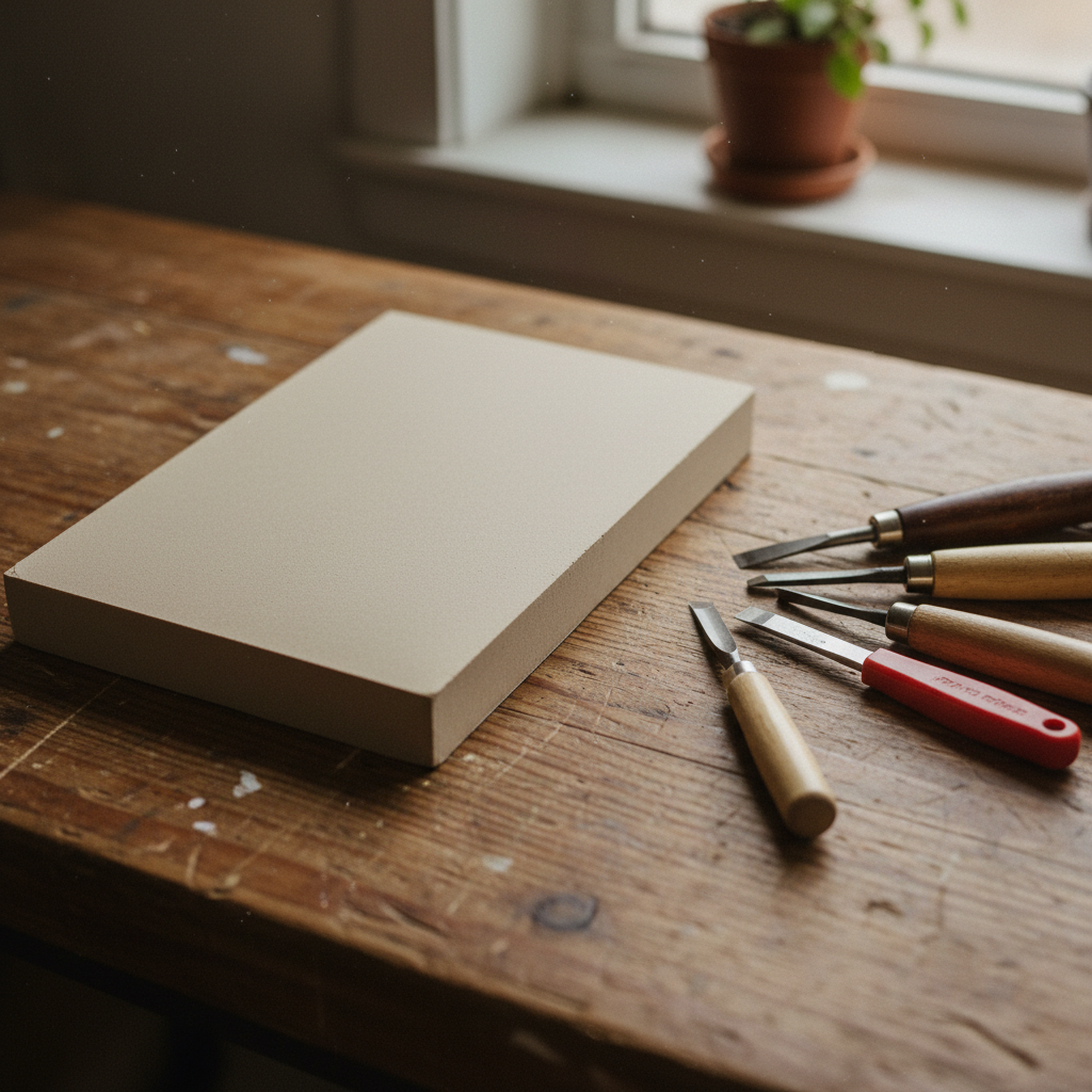 Unmounted linoleum block on a wooden workbench with carving gouges arranged beside it, natural light from a side window