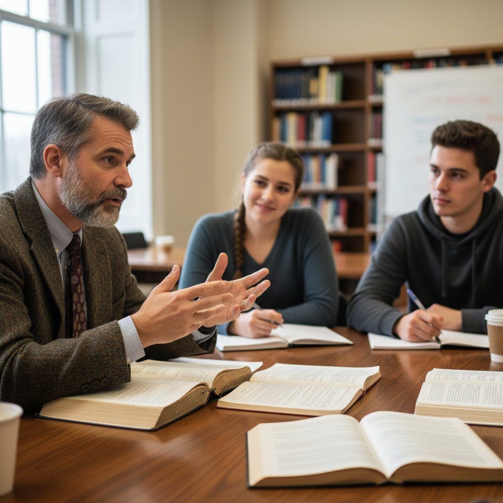 Close-up of a seminar table with open books, a professor leaning forward in conversation with students