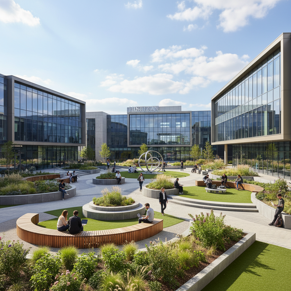 University campus building exterior with modern architecture and connected infrastructure systems, bright daylight open environment