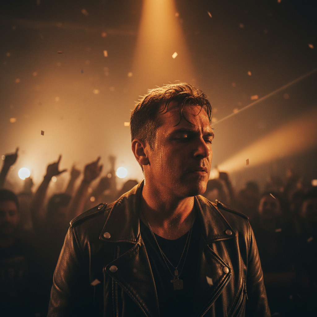 Performer in narrow column of amber light, sweat visible on temple, crowd pressed to the stage