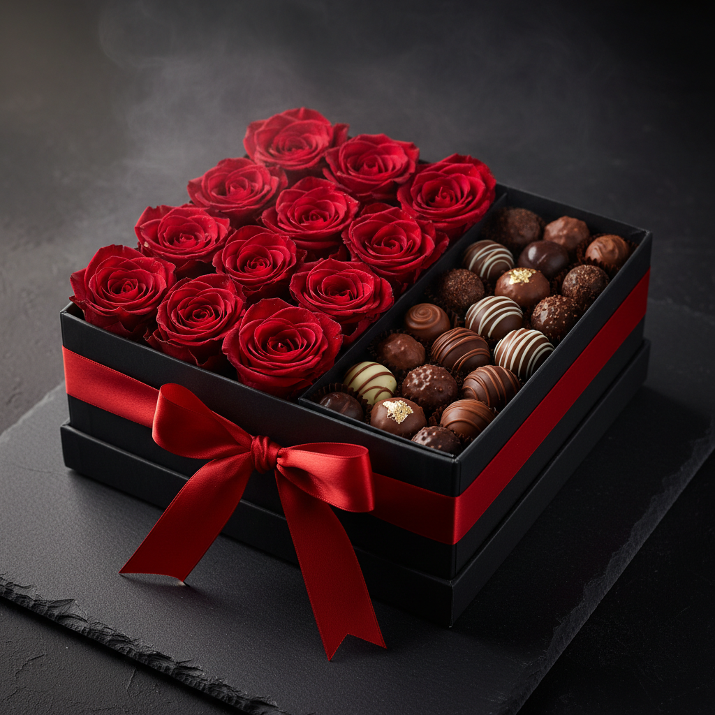 Romantic red and pink rose arrangement for anniversary in elegant white box
