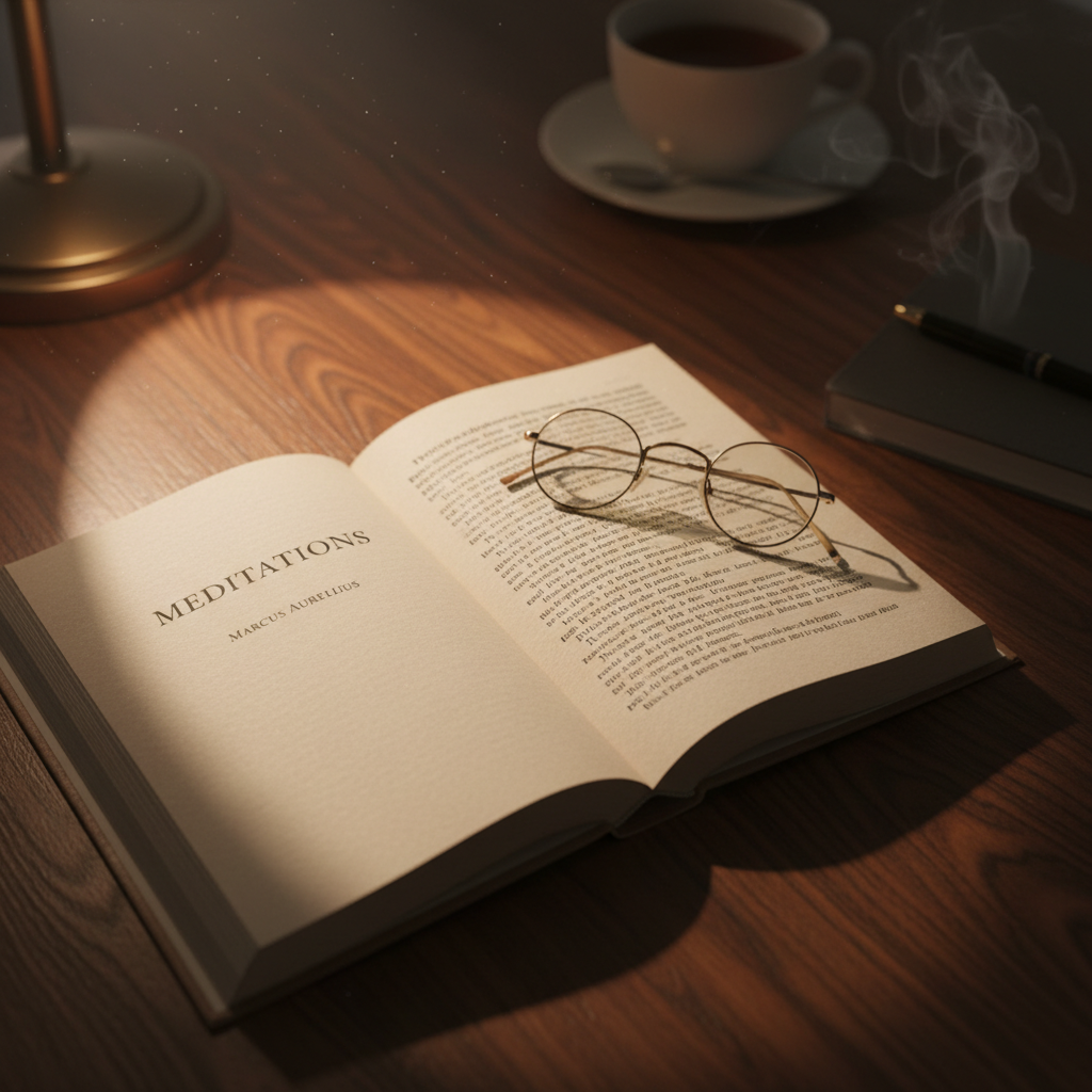 Scholar reading thick philosophy book at wooden desk with steaming coffee cup, warm morning light through window