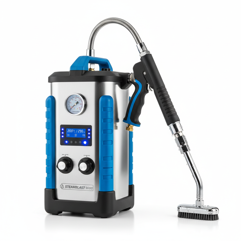 Commercial steam cleaner with multiple attachments on white background