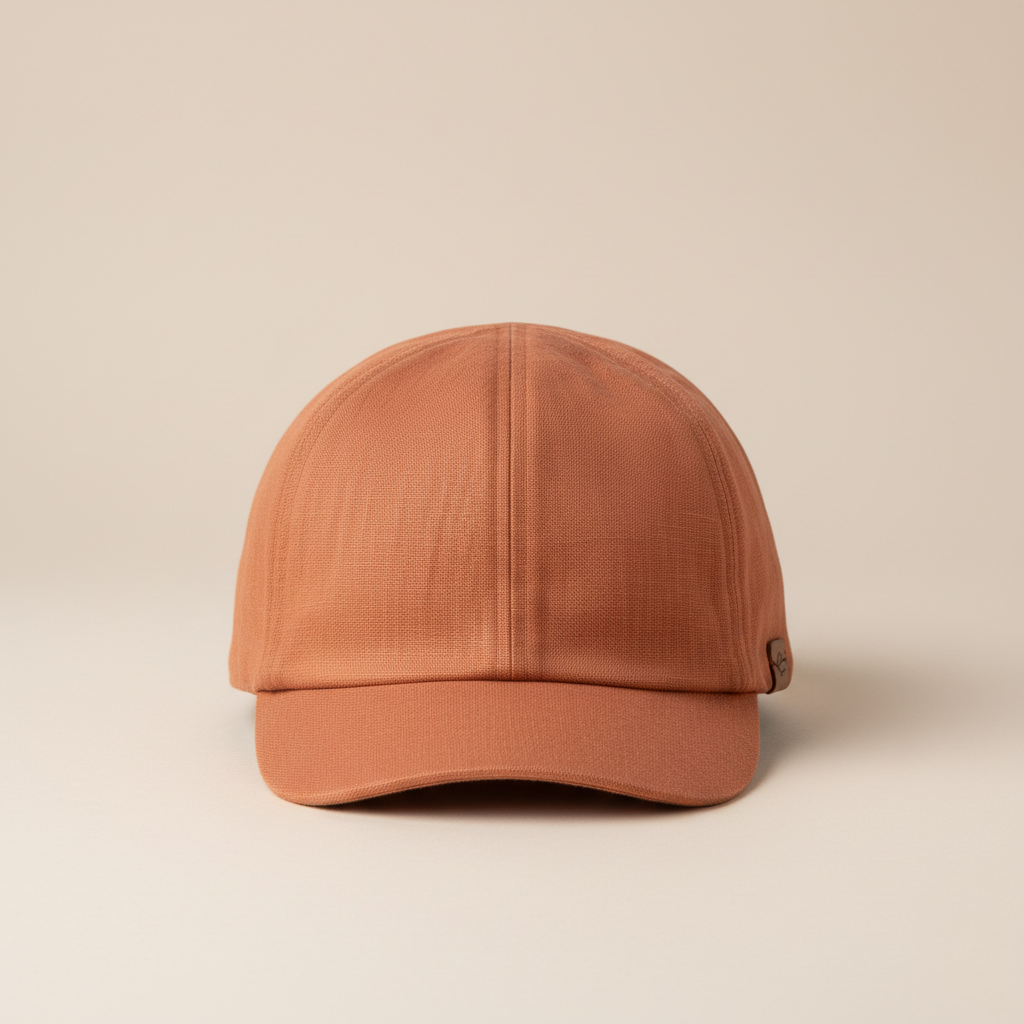 Warm terracotta-toned cap in soft linen, earthy and muted on light background