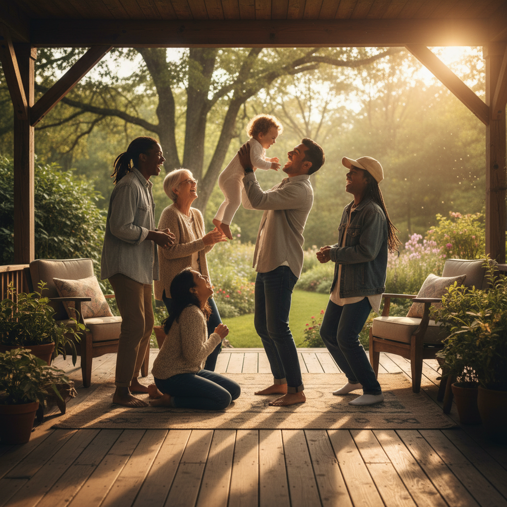 Happy multigenerational family laughing together outdoors in Atlanta park, warm golden light, genuine joy