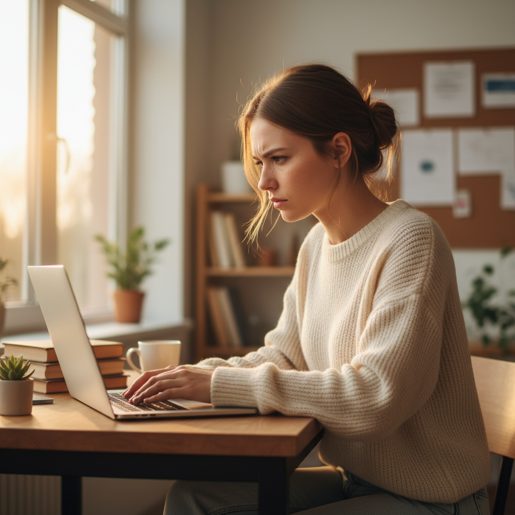 Woman freelancer working on laptop in a coffee shop, focused expression