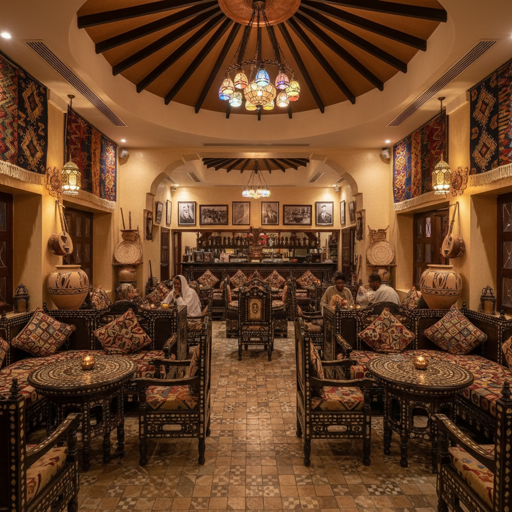 Elegant restaurant interior with warm lighting, decorated tables and welcoming atmosphere