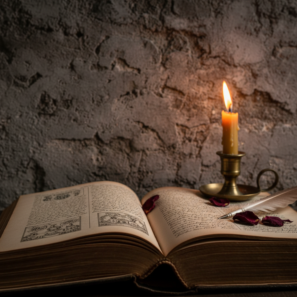 Dark moody bookshelf with leather-bound books, warm amber candlelight, deep shadows