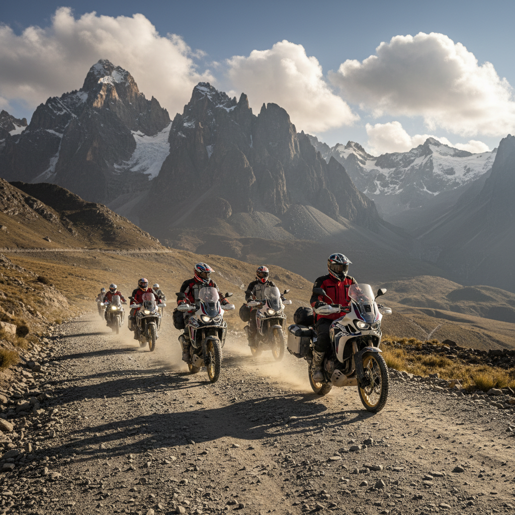 Rider on Africa Twin crossing river in remote landscape