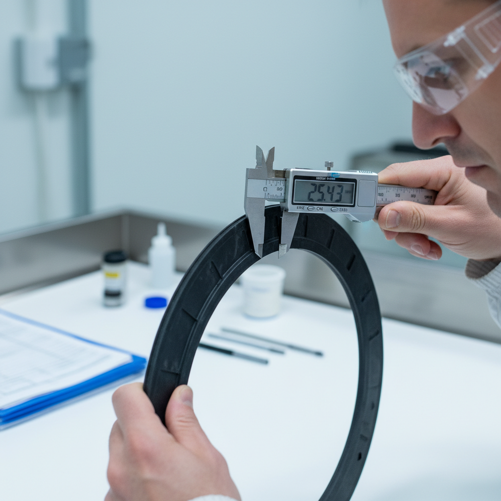 Quality control technician measuring industrial gasket with digital calipers on clean room inspection table