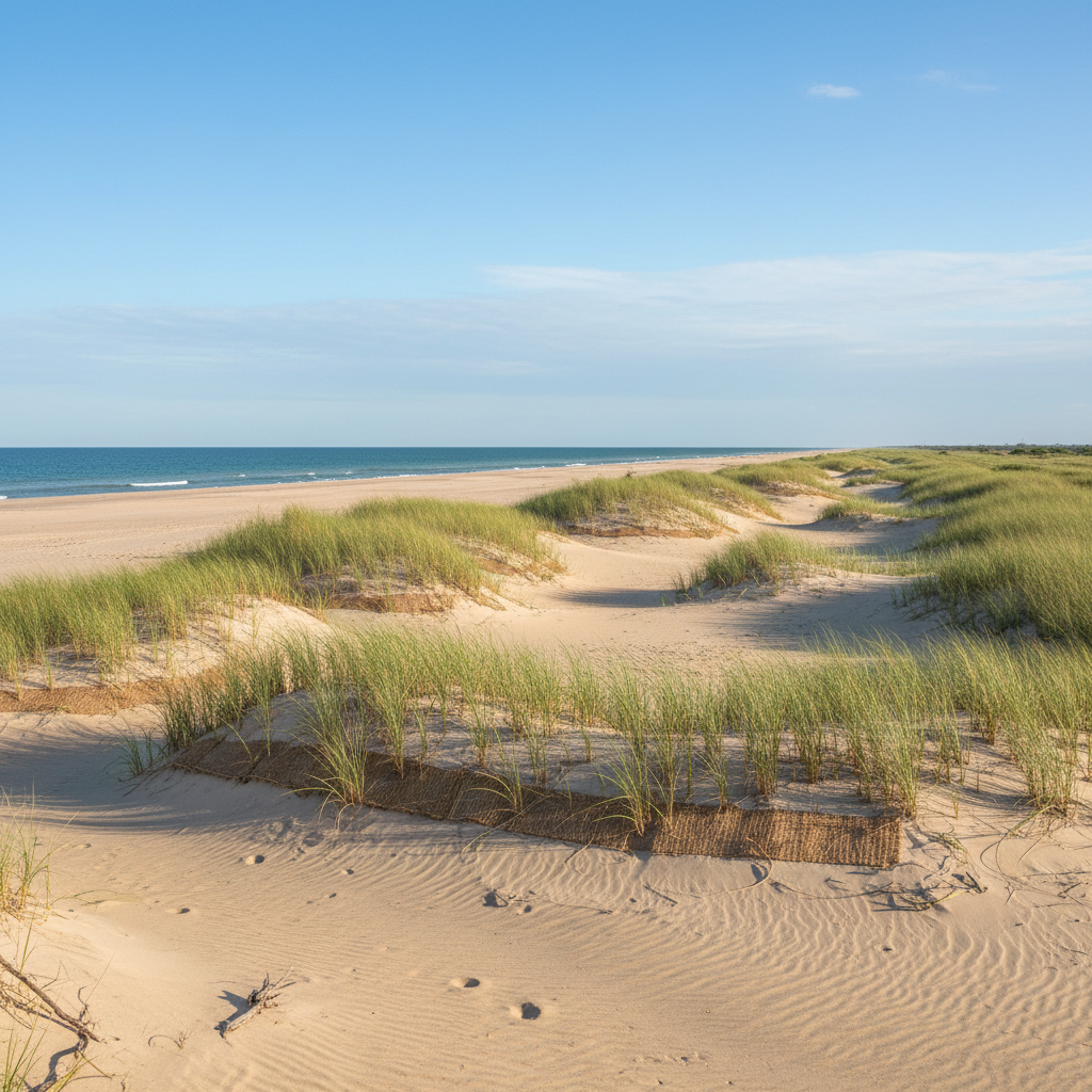 Wide sandy beach with protective dune system restored after renourishment project in North Carolina