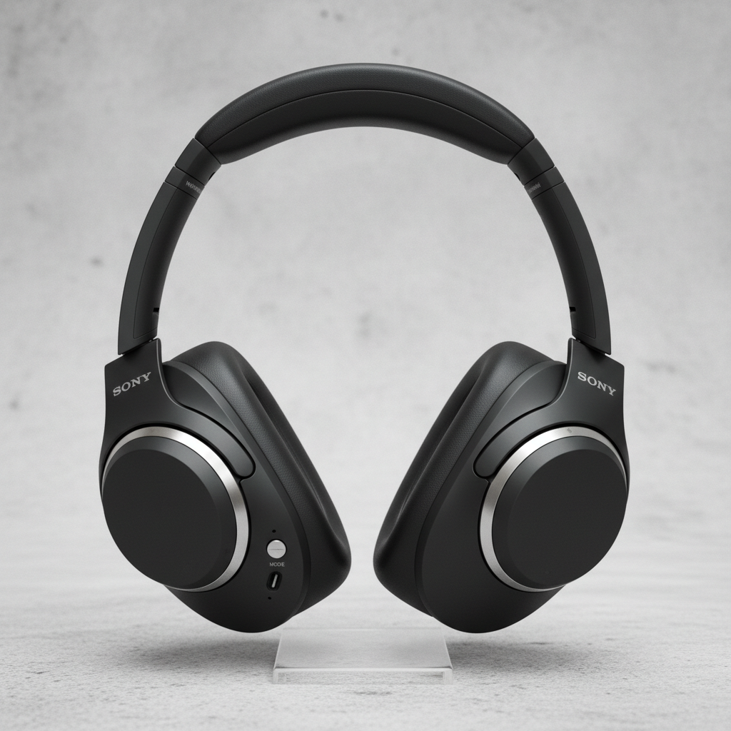 Over-ear Sony headphones in black displayed on white background showing cushioned ear cups and headband