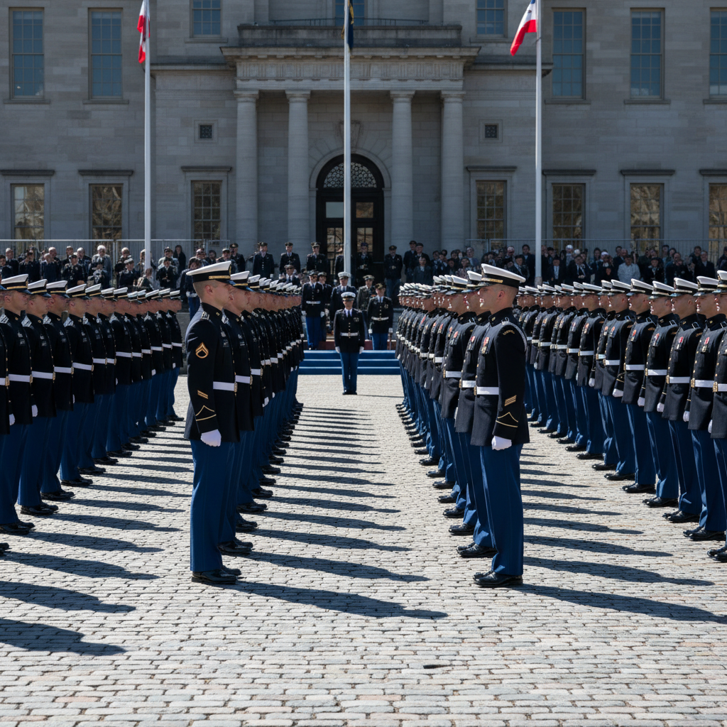 Young cadets in uniform standing at attention on a parade ground, golden morning light, disciplined rows, military academy