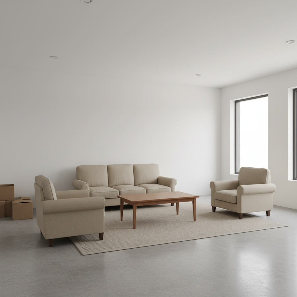 Bright minimalist living room display with oak coffee table and cream rug