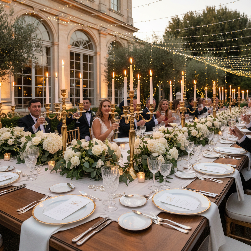 Boda elegante con decoración premium y mesa larga con candelabros dorados