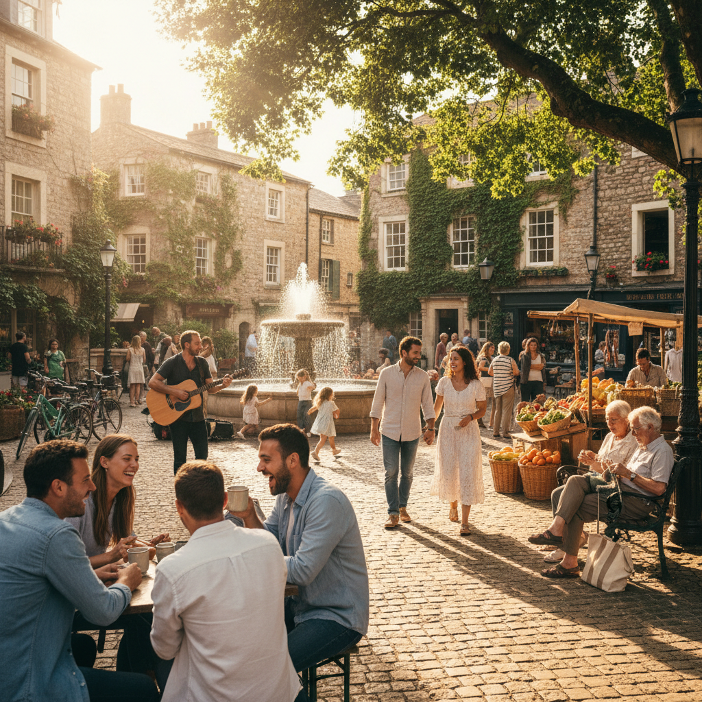 Community market scene, vibrant goods, warm sunlight, entrepreneurial energy