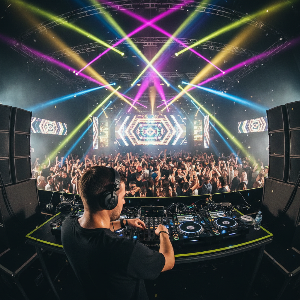 DJ performing at a vibrant nightclub-style event, colorful stage lights, energetic crowd, premium sound equipment, dark atmospheric venue