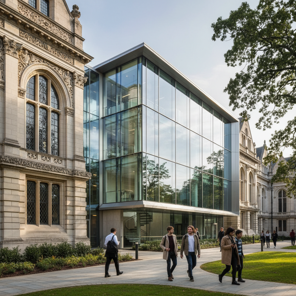 University campus building exterior with modern architecture and connected infrastructure systems