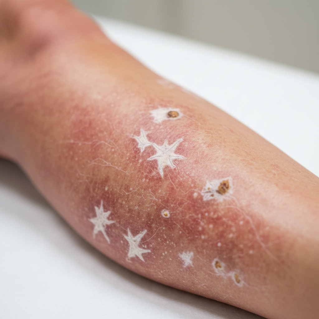 Leg showing swelling, redness, and skin discoloration characteristic of venous insufficiency and atrophie blanche
