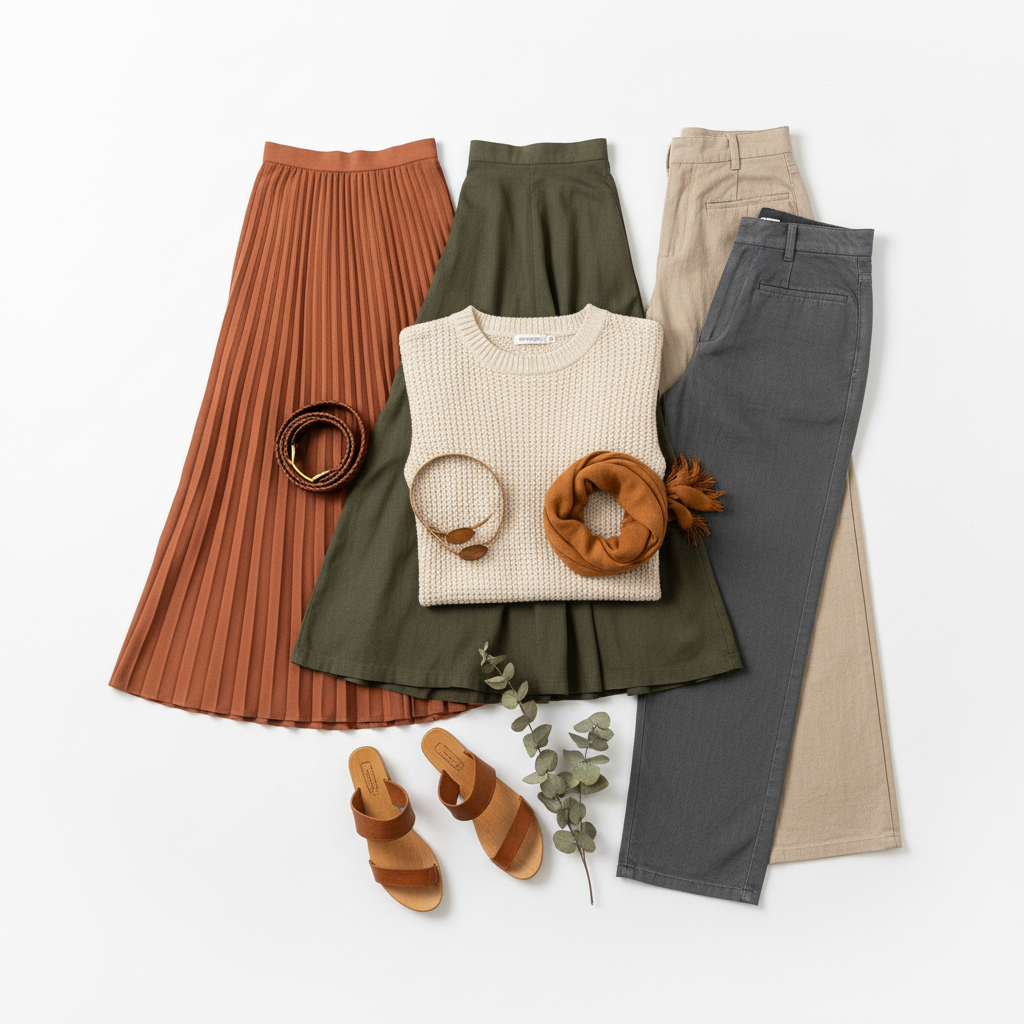 Flat lay of a complete outfit arranged on a white surface, clean composition