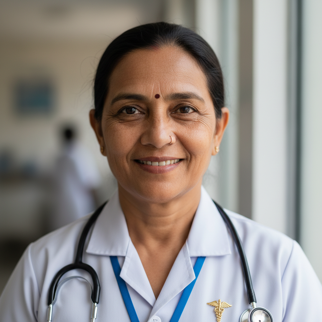 Rupali Indian nurse smiling in Germany hospital uniform