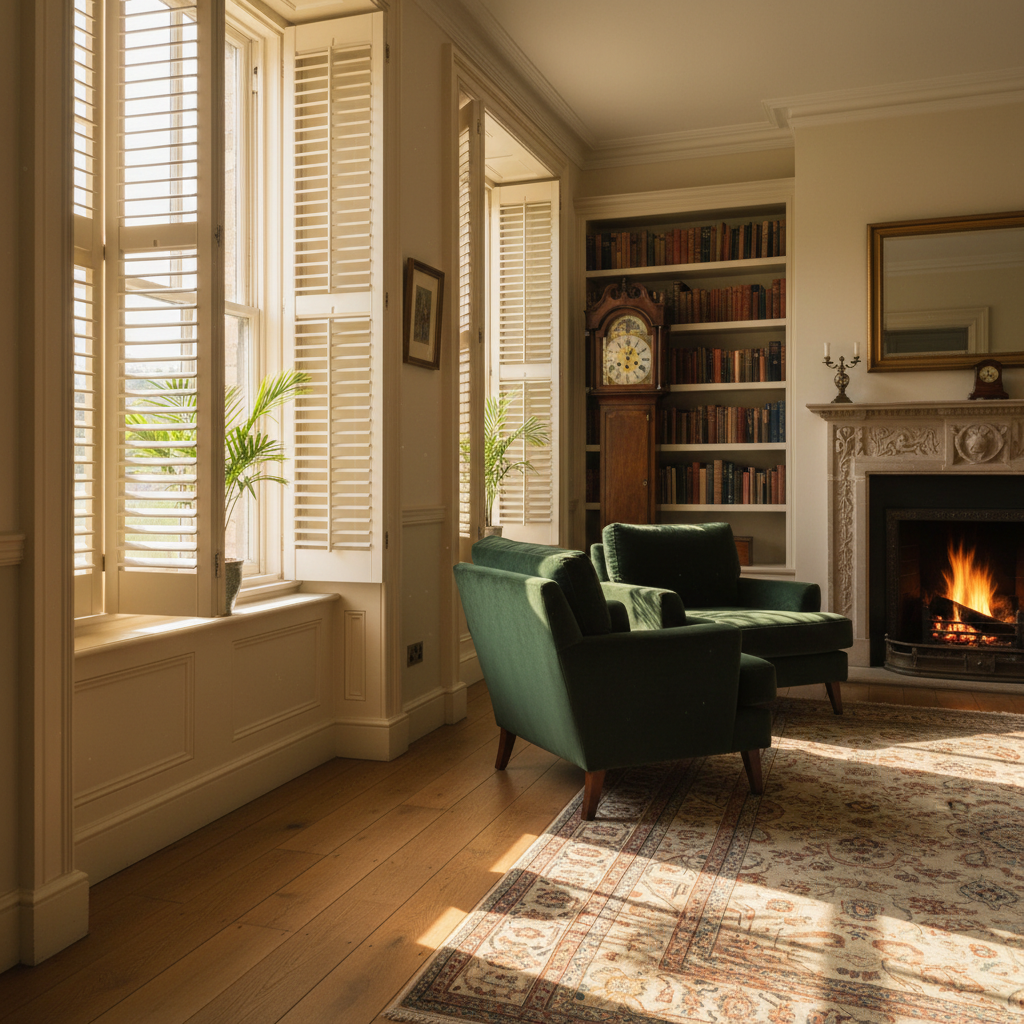 Plantation shutters in a Norfolk drawing room, warm light through louvred panels