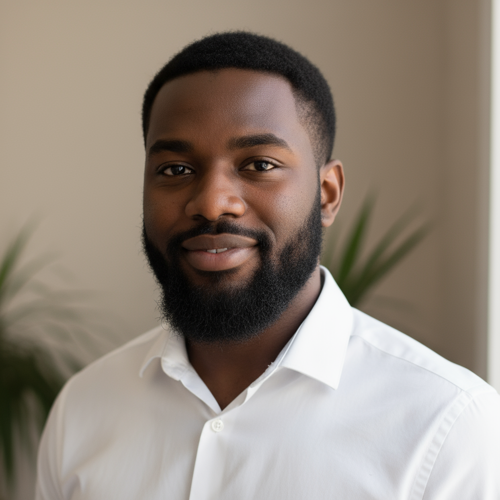 Professional Tanzanian man in formal shirt, neutral background, approachable expression