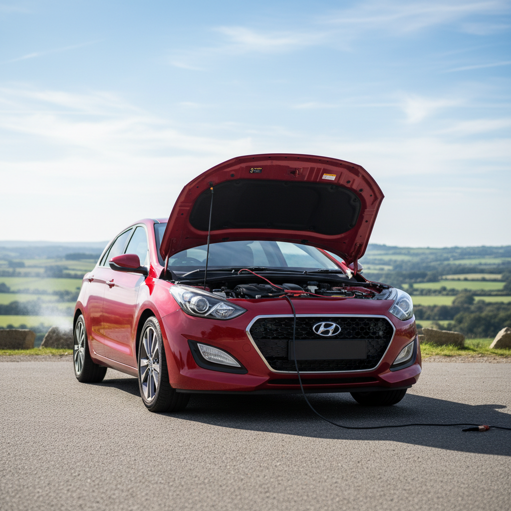 Red compact hatchback car parked on a clean road with mountains in the background