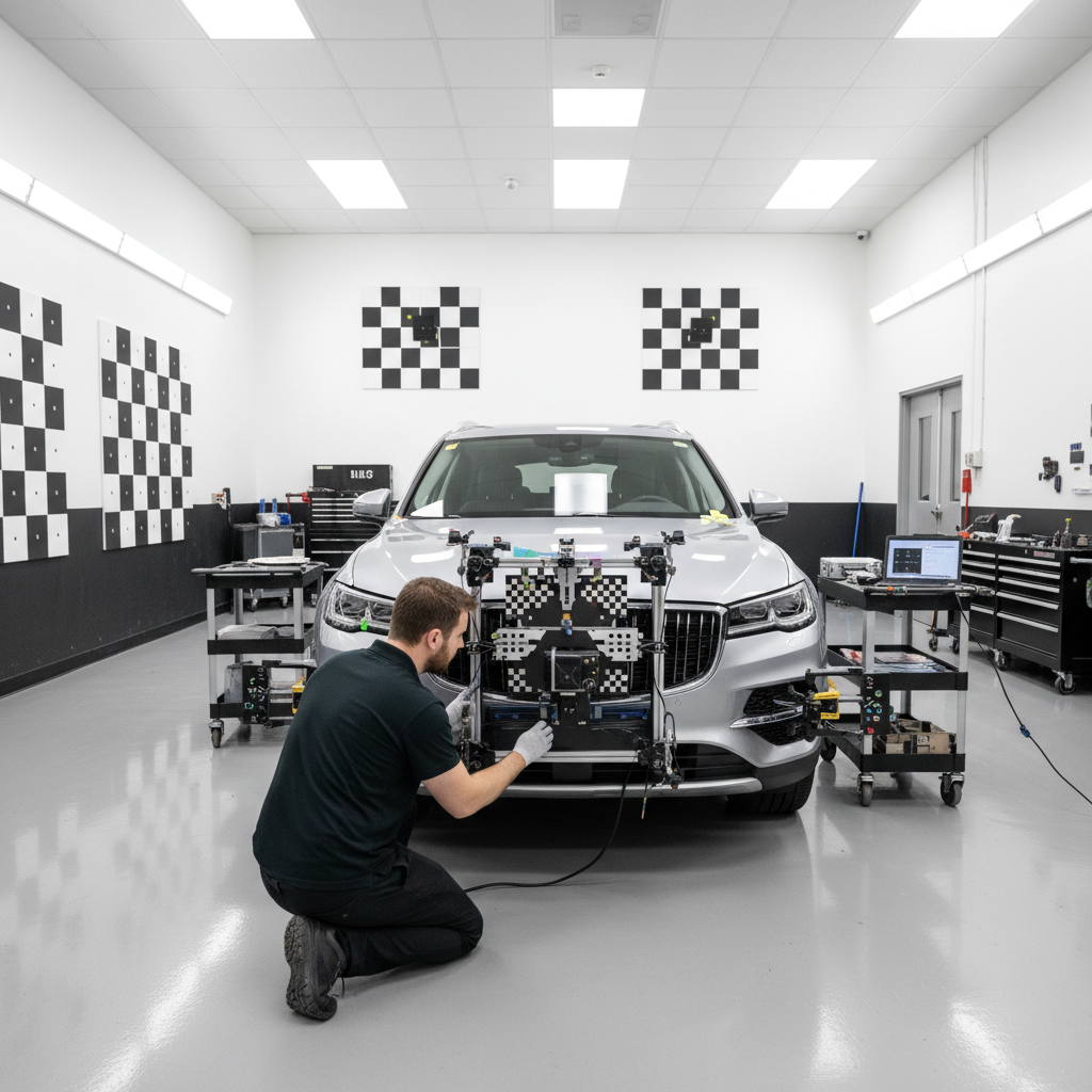 Technician performing ADAS calibration on vehicle in Shield auto body calibration bay with specialized equipment