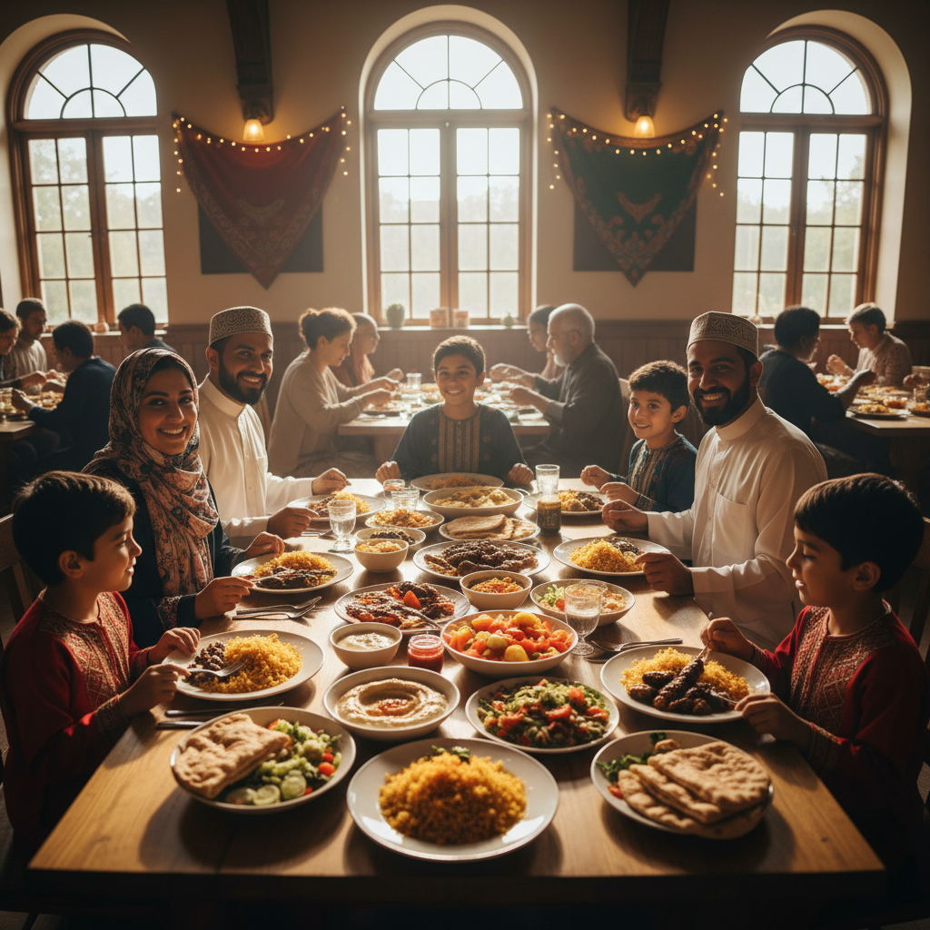 Family at community gathering sharing a meal after Friday prayer