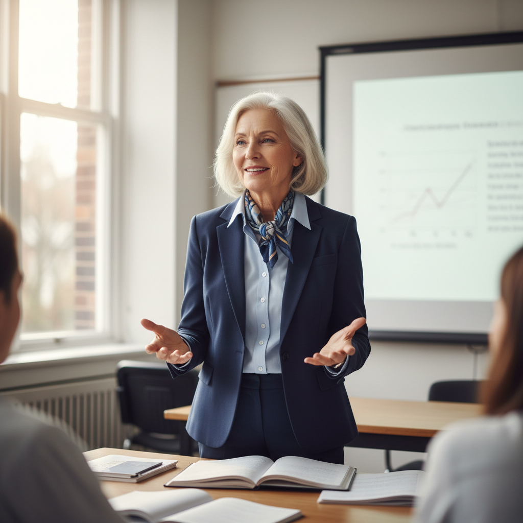 Veteran educator in a professional meeting, leading a discussion