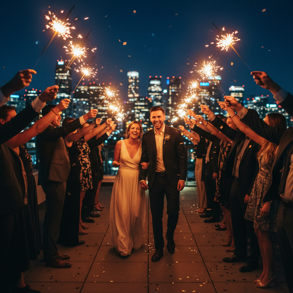 Sparkler exit on rooftop at night, guests holding sparklers forming an arch, city lights blurred in background