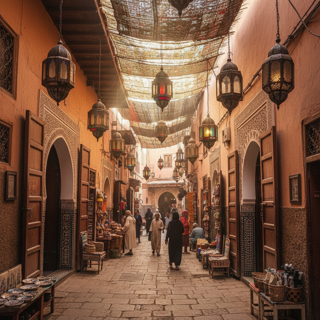 Marrakech medina alleyway with ornate carved wooden doors and warm afternoon light filtering through overhead lattice