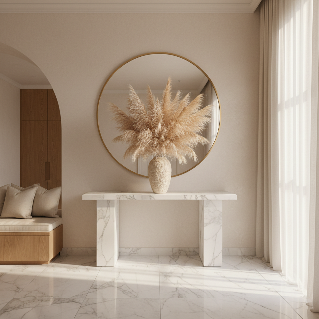 Staged luxury apartment entry foyer with marble console table, oversized mirror, and dried pampas grass in travertine vase
