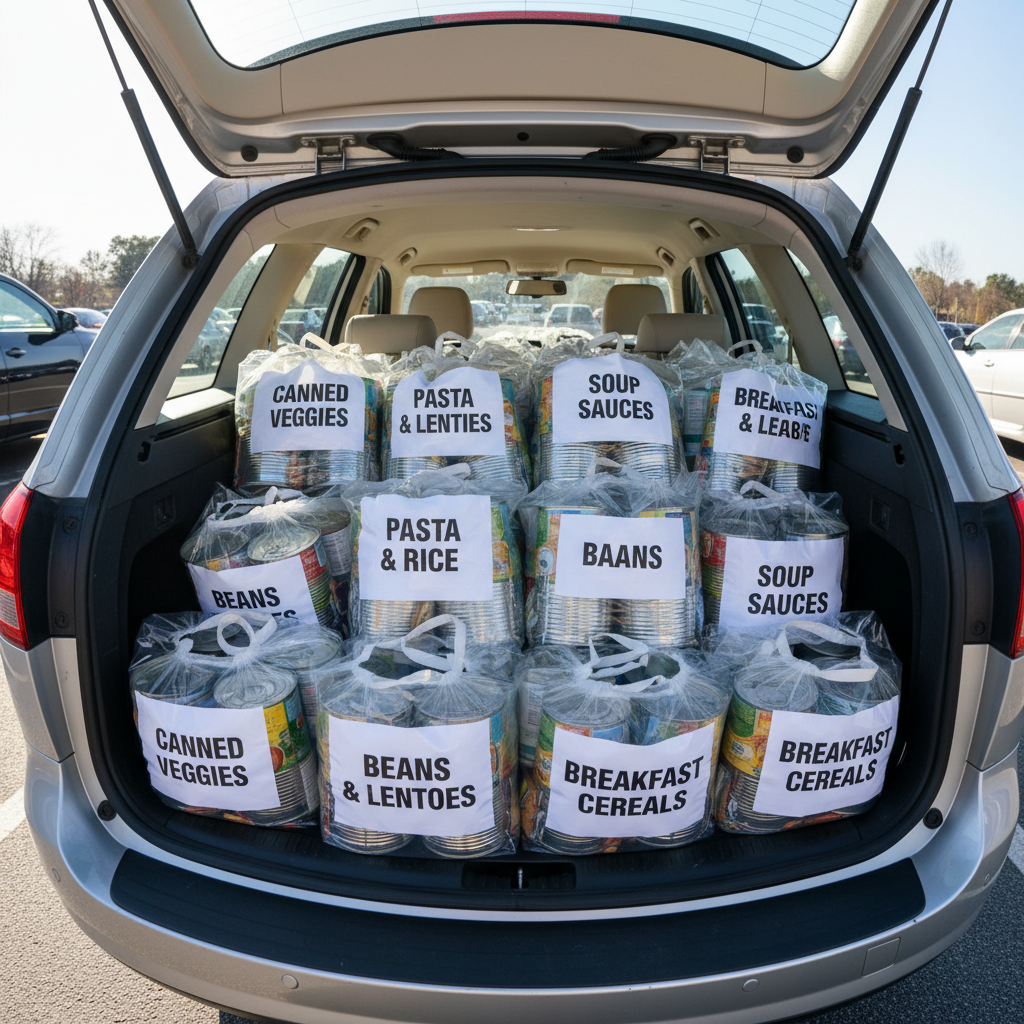 Trunk of a car filled with labeled bags of canned goods and dry staples organized for distribution