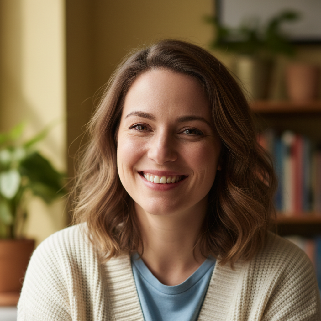 Portrait of Charlotte Pemberton, a young British woman with brown hair, smiling warmly