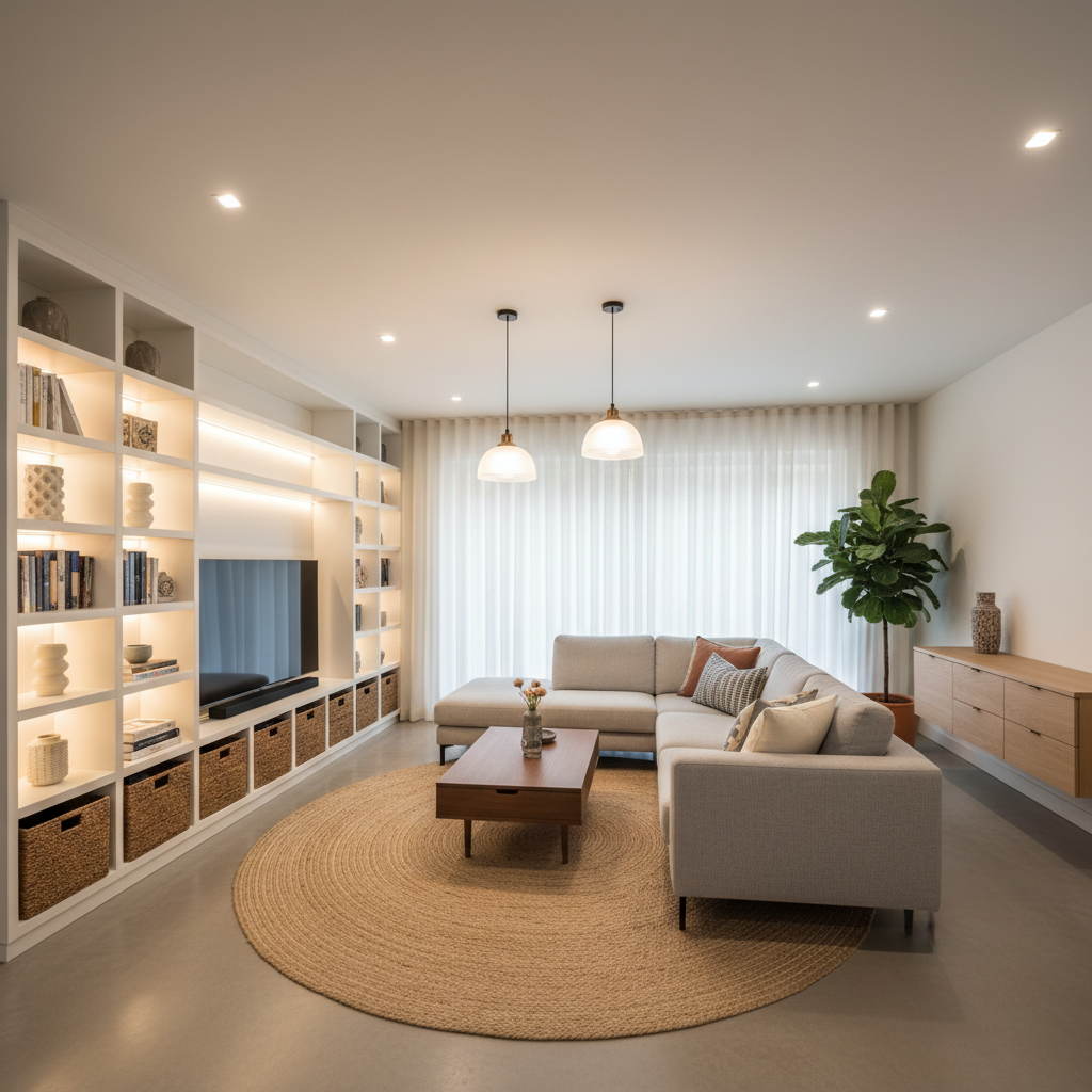 Living room refreshed with new lighting, hidden cables and organised storage