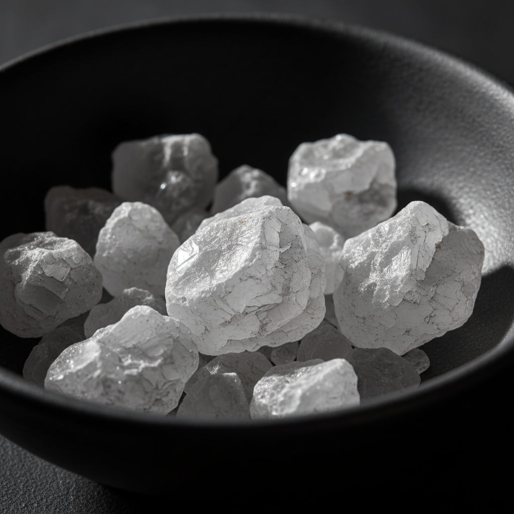 Raw mineral salt crystals in a dark ceramic bowl, caught in raking light revealing their crystalline texture and pale grey-white color