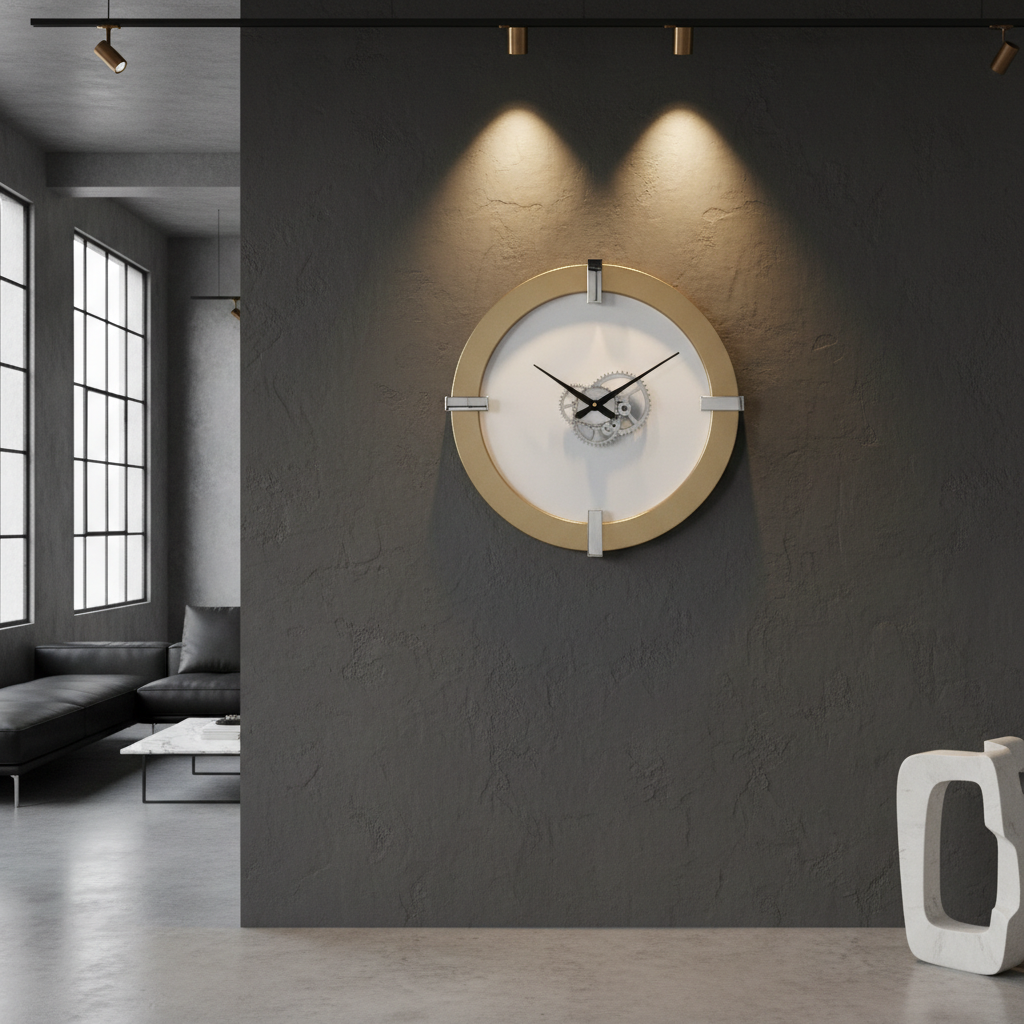 Minimalist loft interior with curated wall clock on dark plaster wall under dramatic gallery lighting