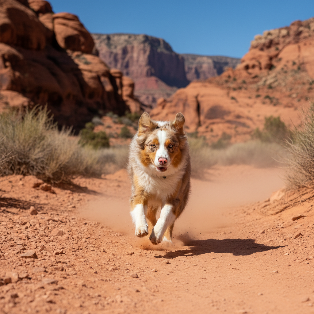 Australian Shepherd running full speed on a desert trail at midday, all four paws off the ground, coat shining, muscles defined, red rock canyon in background