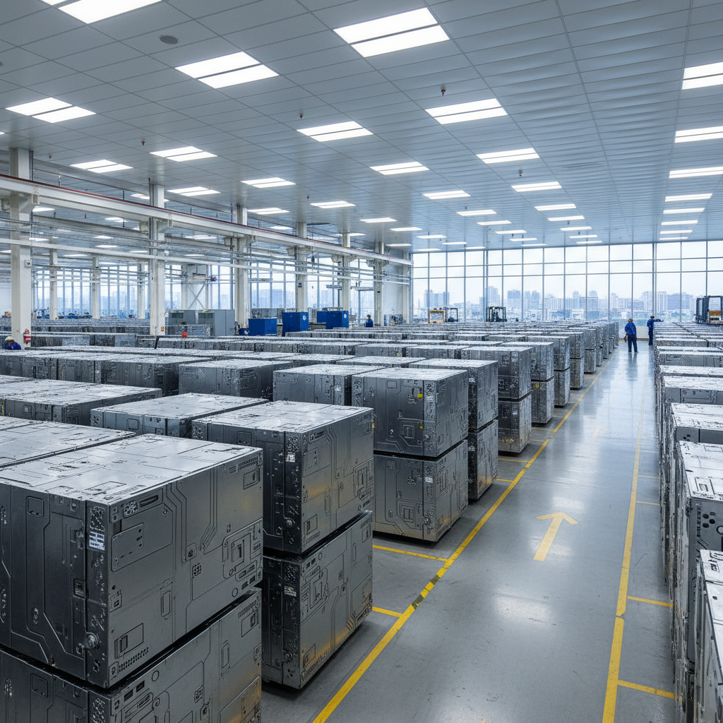 Factory floor with modular wall sections stacked in precise rows