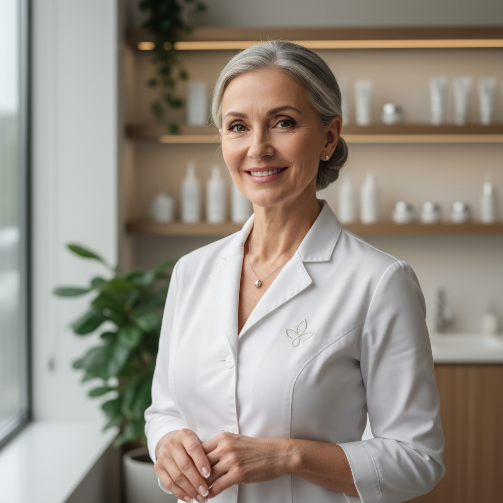 Dr. Sarah Mitchell, dermatologist, smiling in white coat in modern clinic