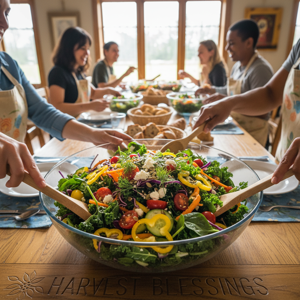 Colorful salad bowl prepared by volunteers
