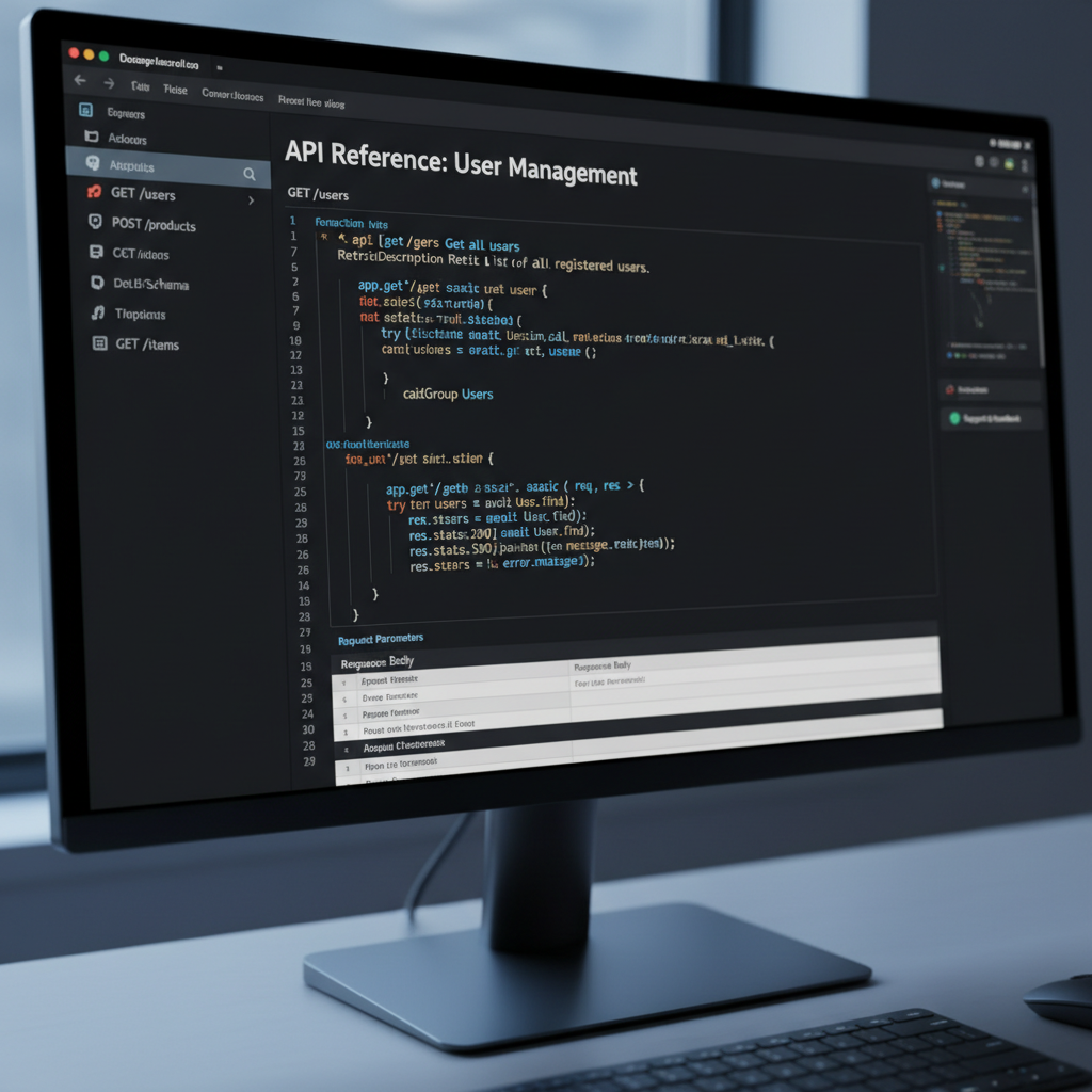 Code editor showing API documentation with syntax highlighting
