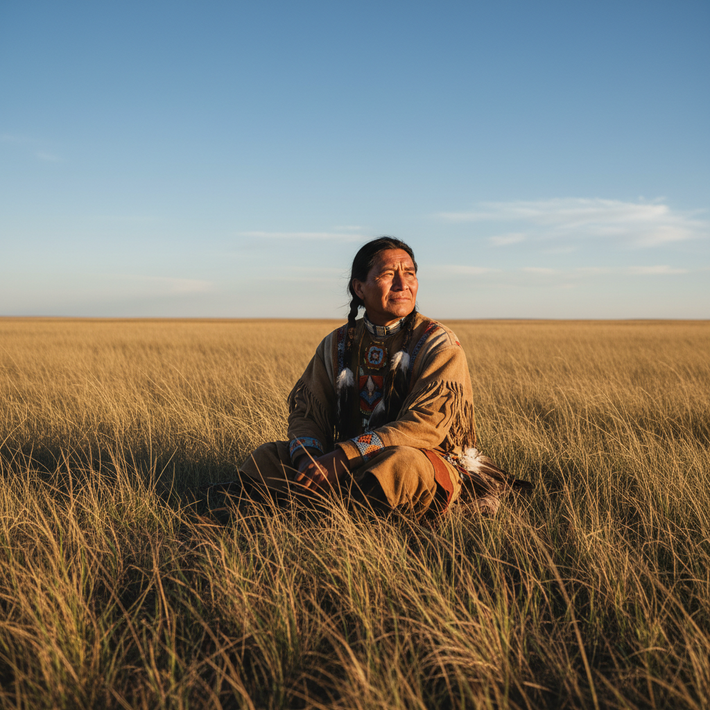 Indigenous man seated outdoors on open plains landscape, warm afternoon light, thoughtful expression