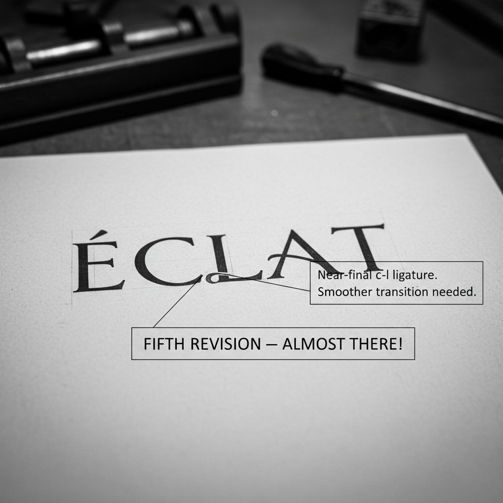 Fifth revision showing near-final Éclat masthead letterforms with annotation about c-t ligature