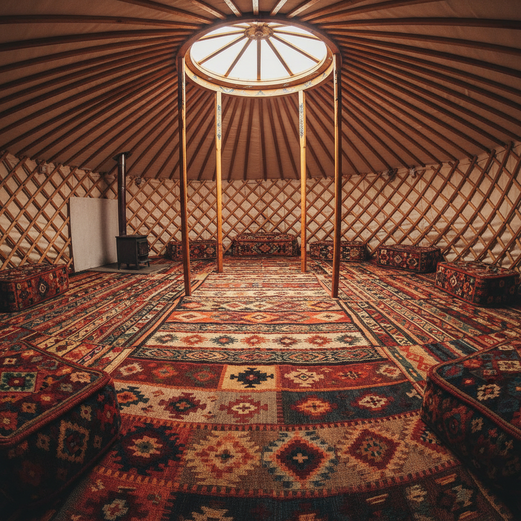 Yurt interior with warm lighting, woven rugs, and canvas ceiling