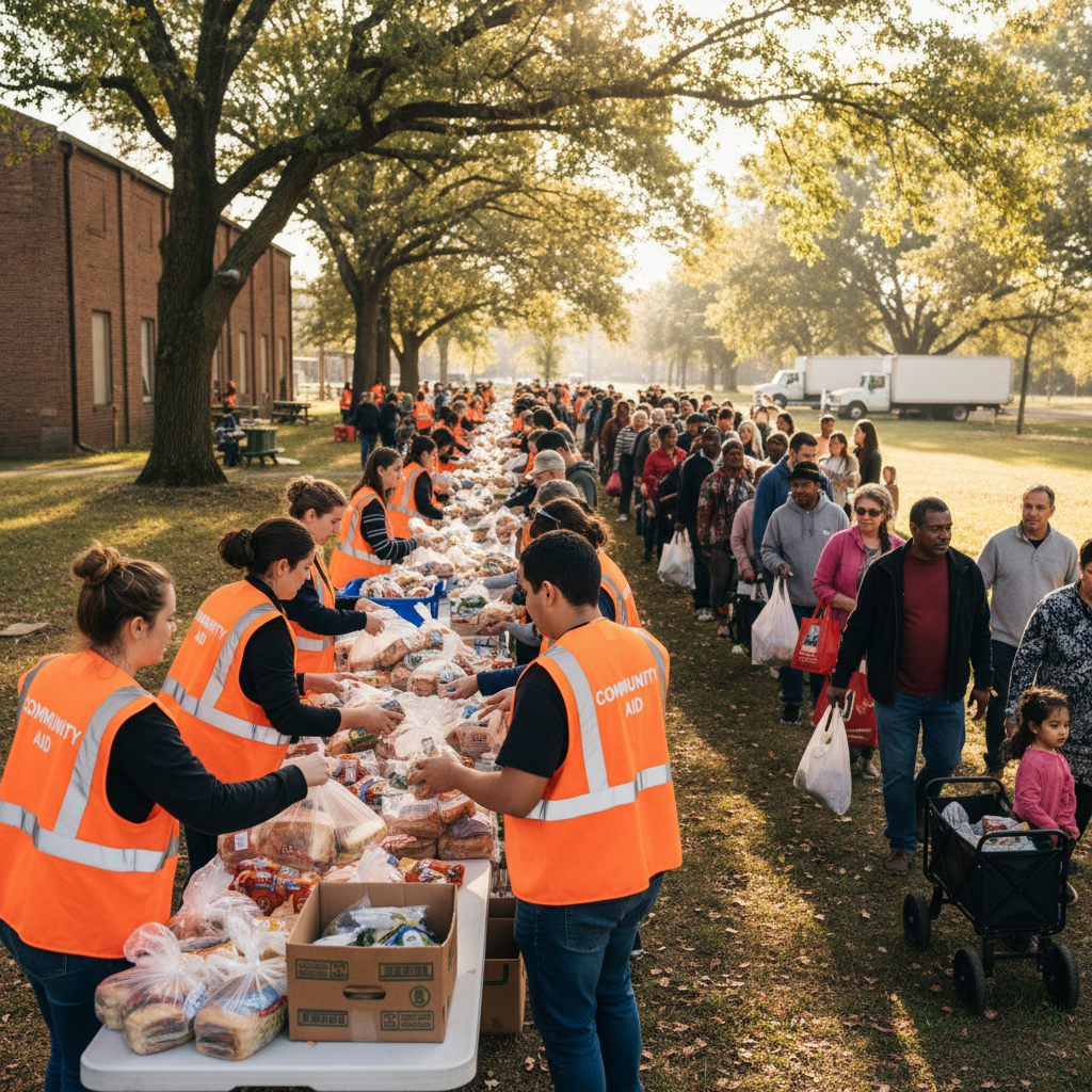 African volunteers in orange vests serving hot meals to a queue of families including children at an outdoor community food distribution event, bright sunlight