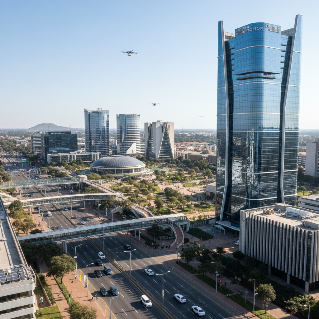 Gaborone Botswana modern city skyline with smart infrastructure development, institutional buildings and urban planning, African capital city architecture